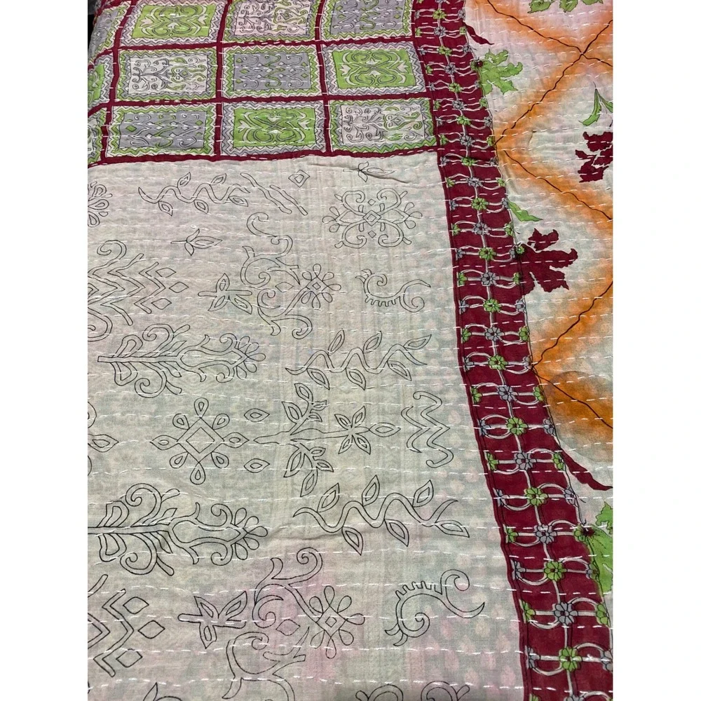 Kantha Quilt Reversible Hand Stitched Cotton Patchwork Throw Blanket Red Boho